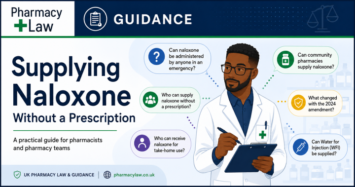 PharmacyLaw guidance graphic about supplying naloxone without a prescription under UK law
