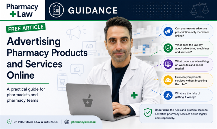 PharmacyLaw guidance graphic about advertising pharmacy products and services online.