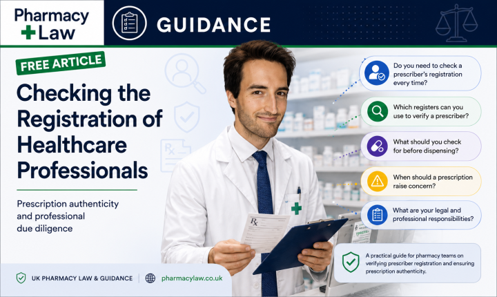 PharmacyLaw guidance graphic about checking the registration status of healthcare professionals