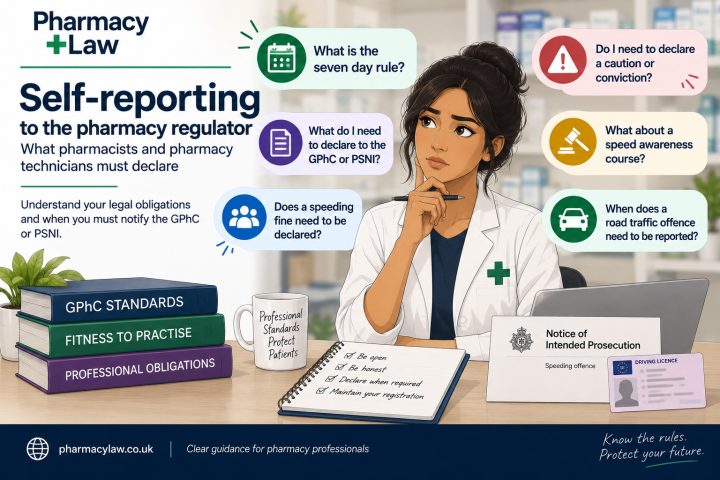 PharmacyLaw guidance graphic about self-reporting requirements for GPhC and PSNI registrants.