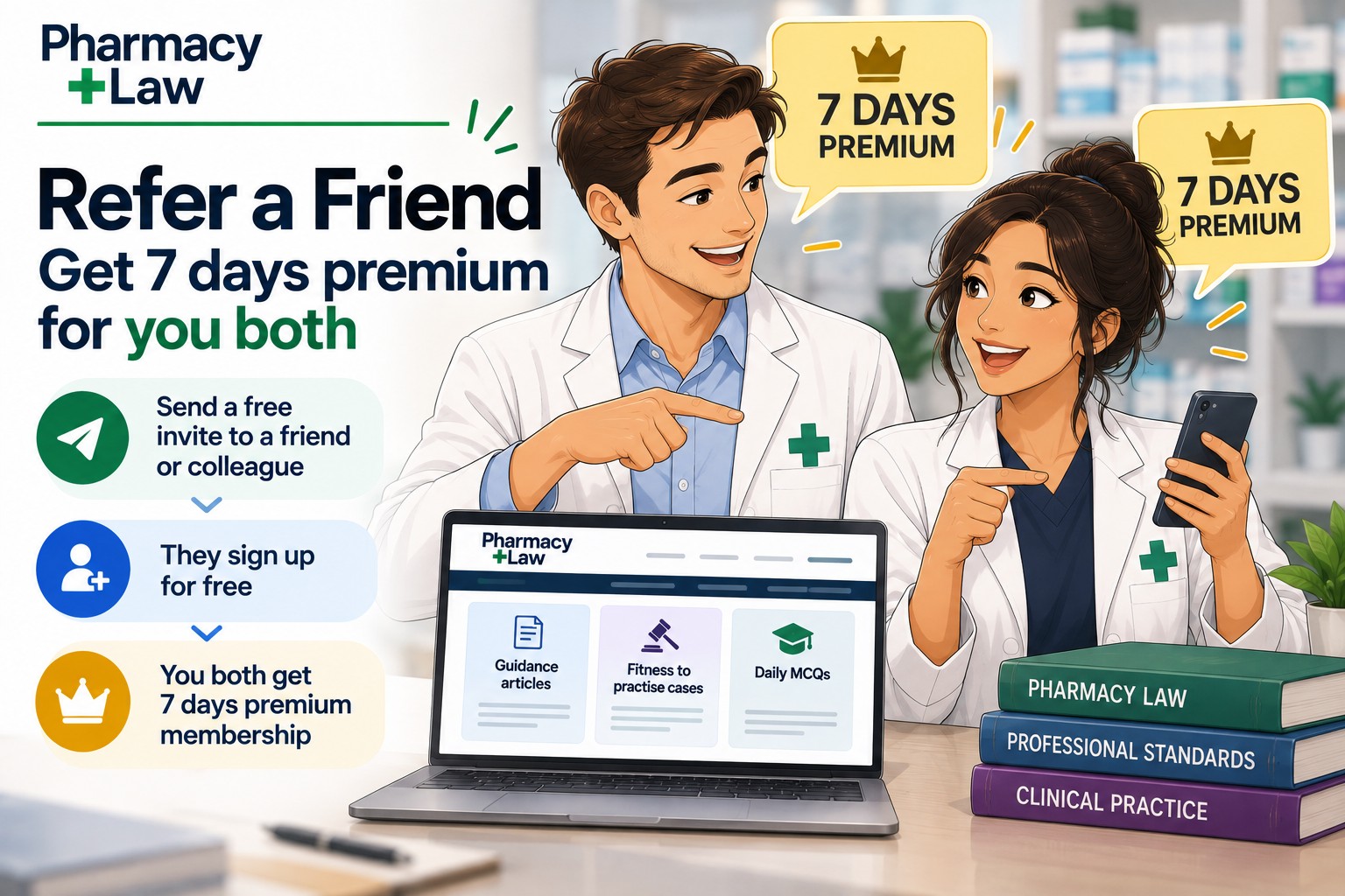 PharmacyLaw refer-a-friend programme offering 7 days of premium membership to both users.