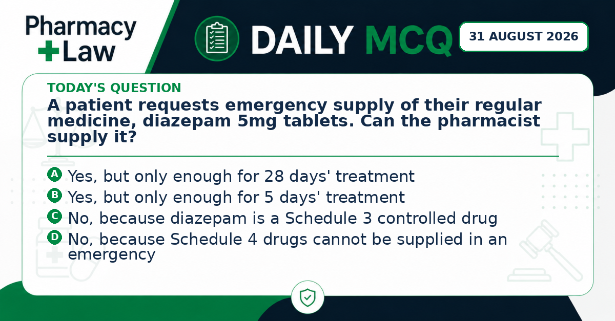 Daily Pharmacy Law MCQ – 31 August 2026