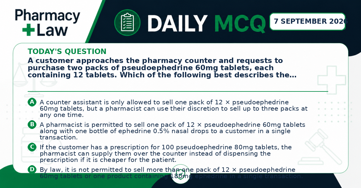 Daily Pharmacy Law MCQ – 7 September 2026