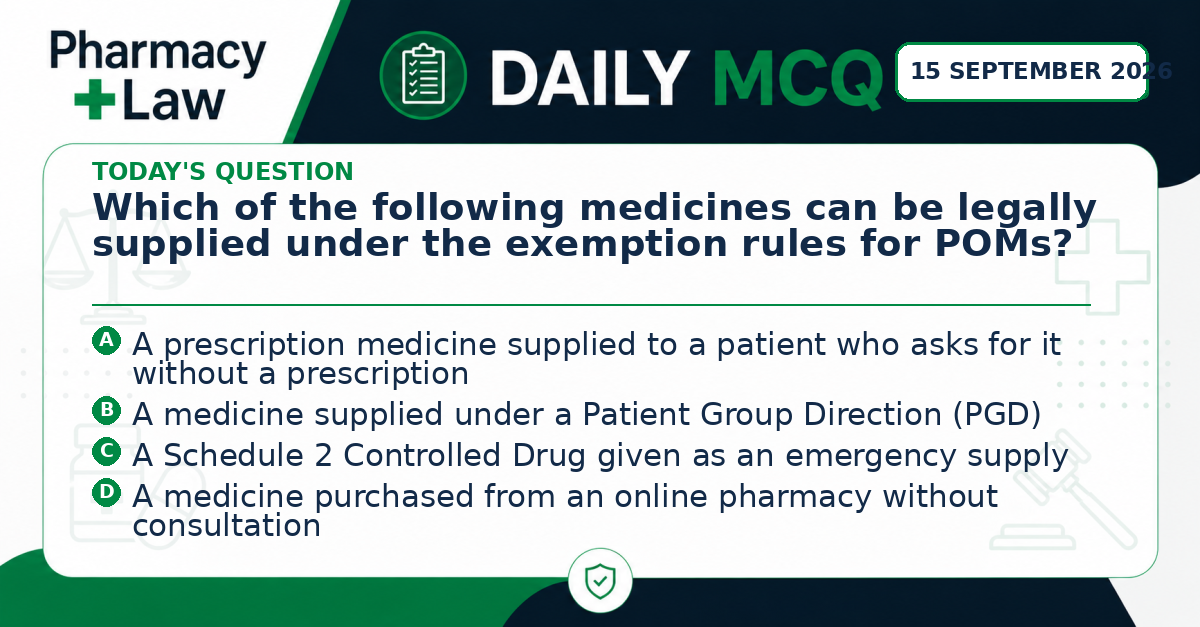 Daily Pharmacy Law MCQ – 15 September 2026