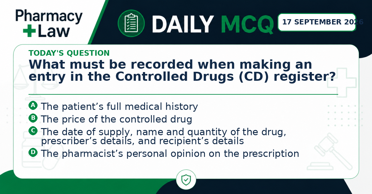 Daily Pharmacy Law MCQ – 17 September 2026