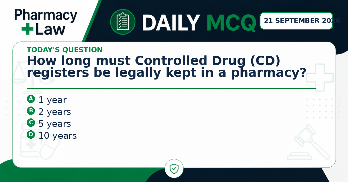 Daily Pharmacy Law MCQ – 21 September 2026
