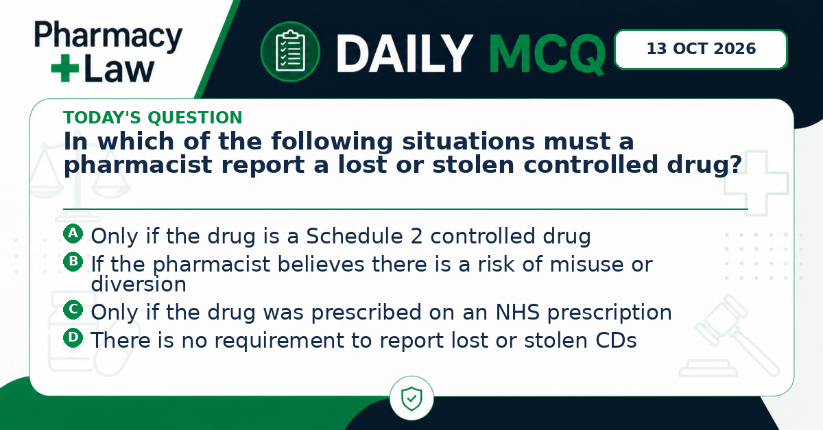 Daily Pharmacy Law MCQ – 13 October 2026