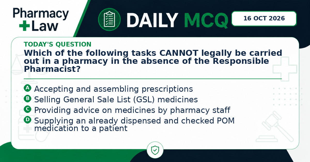 Daily Pharmacy Law MCQ – 16 October 2026